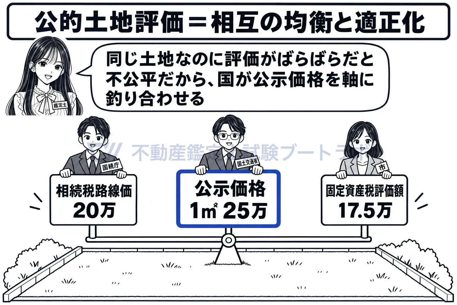 公的土地評価の均衡の図解：同じ土地に三つの公的な値段。国が公示価格を軸に釣り合わせる。