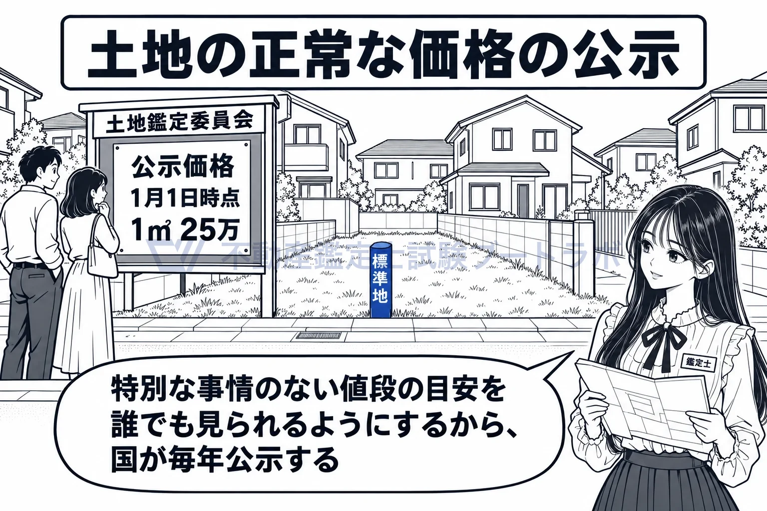 公的土地評価の均衡の図解：標準地の正常な価格を、国が毎年公示する。