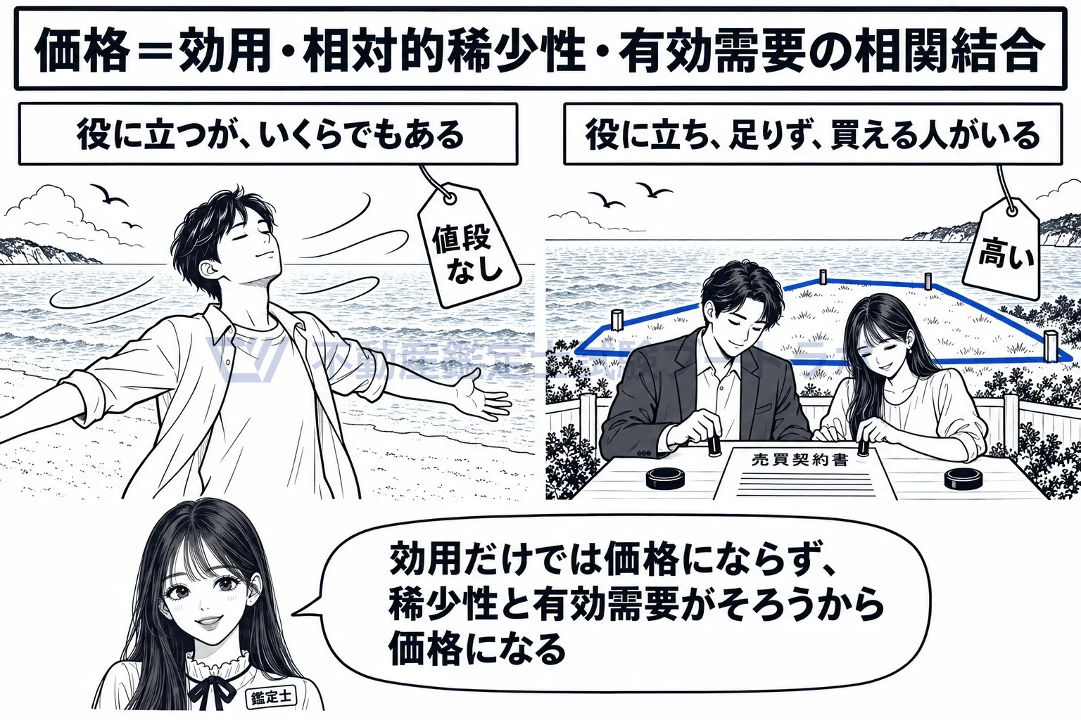 効用の図解：効用だけでは価格にならず、稀少性と有効需要がそろって価格になる。