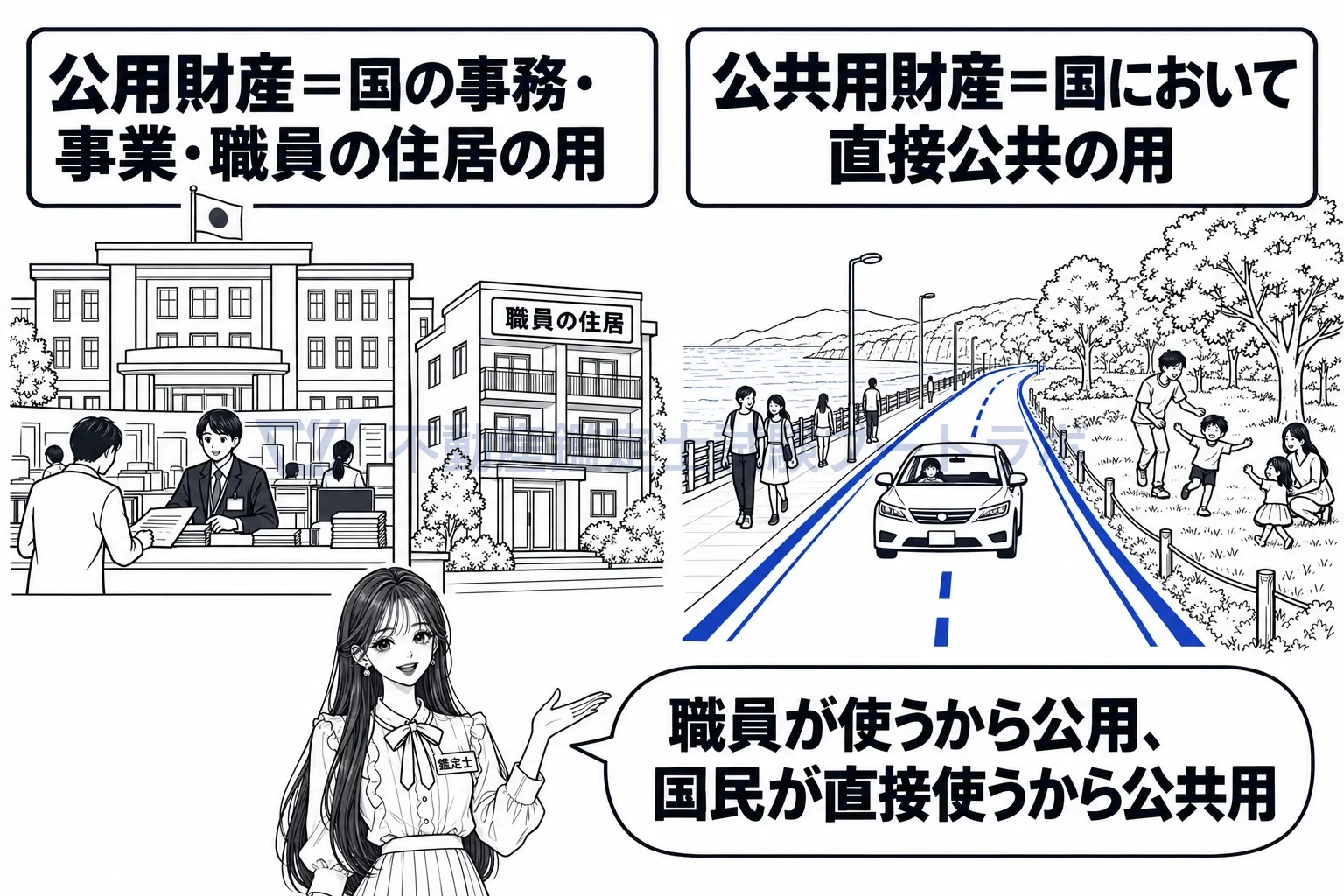 公用財産・公共用財産の図解:職員が使うから公用、国民が直接使うから公共用。