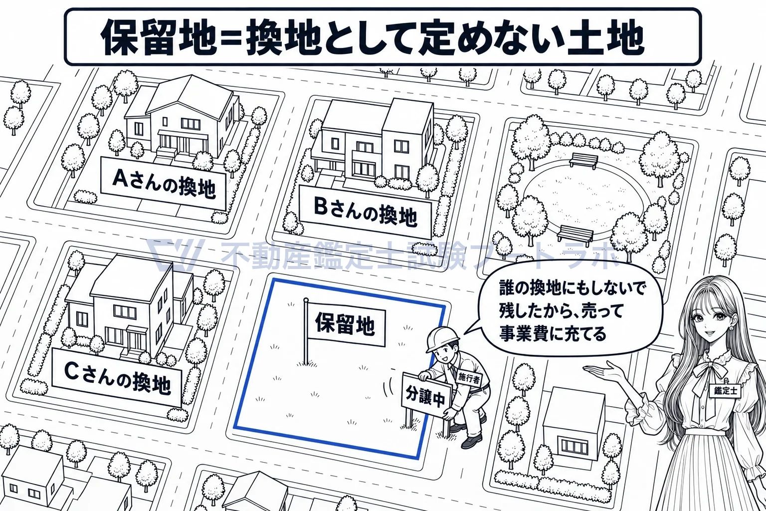 保留地の図解：誰の換地にもせず、施行者が残して売る土地。