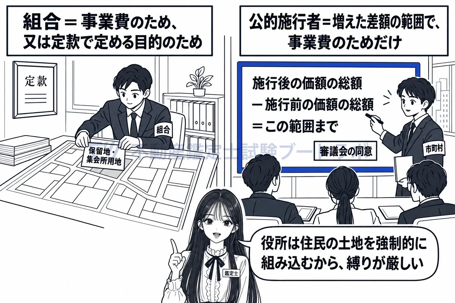 保留地の図解：組合は定款の目的でも、役所は値上がり分の範囲で事業費だけ。
