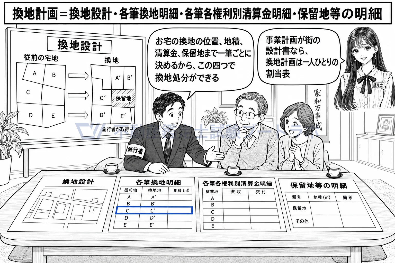 換地計画の図解:換地計画の四つの中身。図面、一筆ごとの表、清算金の表、保留地。