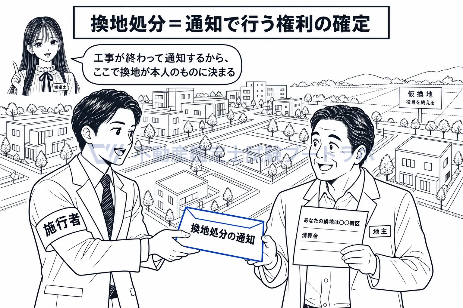 換地処分の図解:工事が終わったら、施行者が一人ひとりに通知して換地を確定させる。