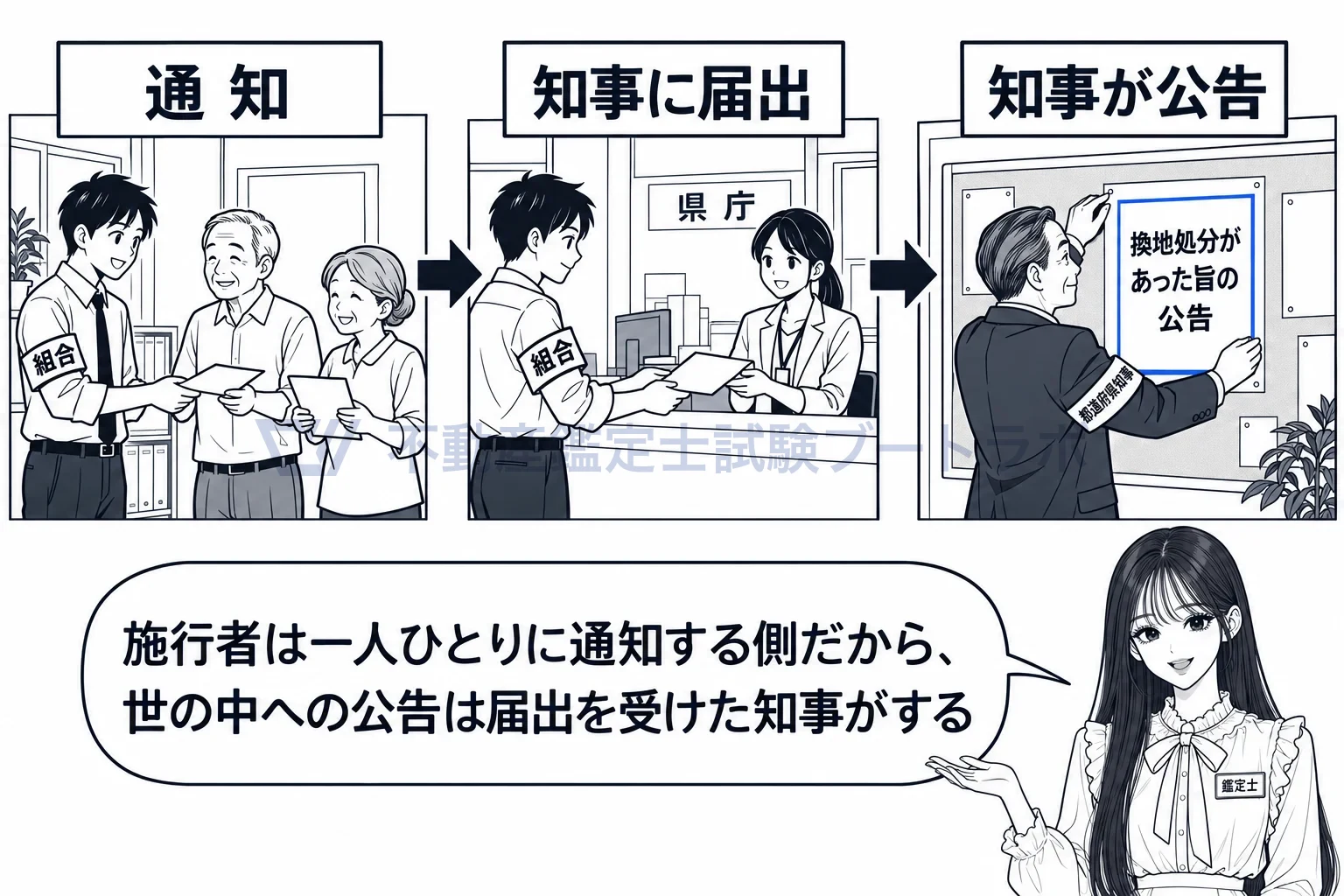 換地処分の図解:施行者は通知して知事に届け出る。公告するのは知事。