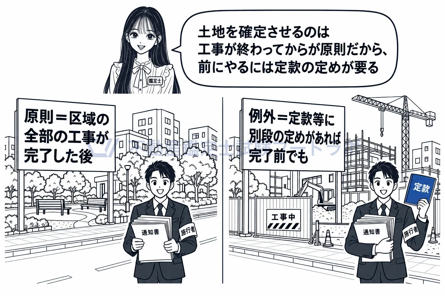 換地処分の図解:原則は工事が全部終わってから。定款に定めがあれば前でもできる。