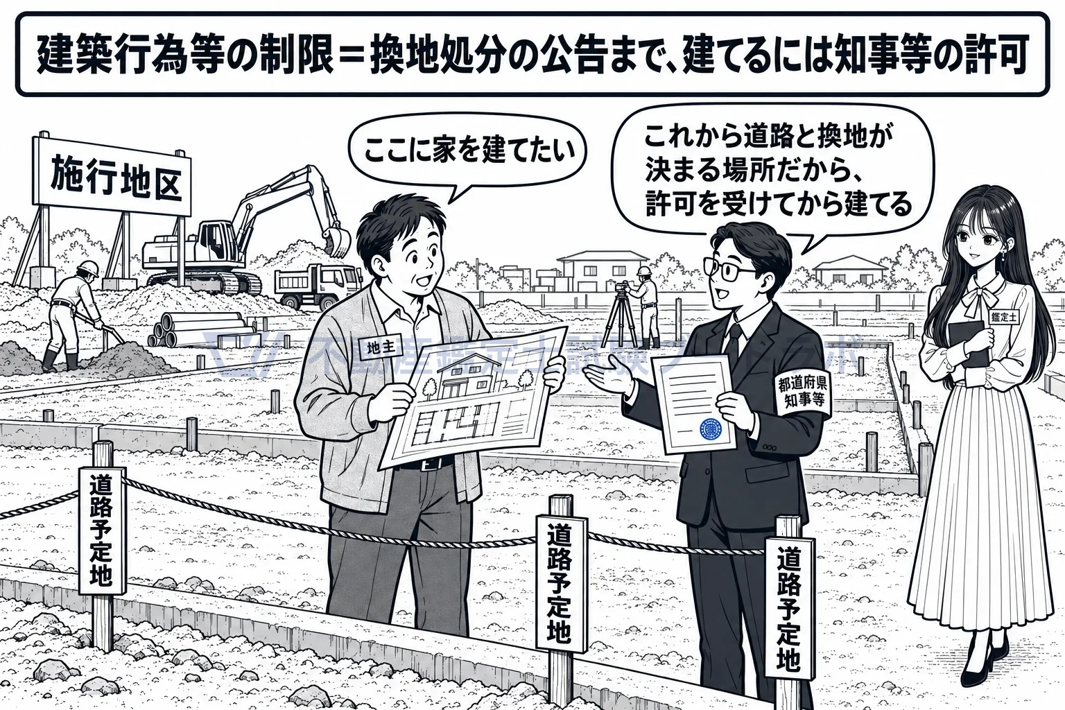 建築行為等の制限の図解：施行地区の中では、換地処分の公告まで、建てるには知事等の許可が要る。