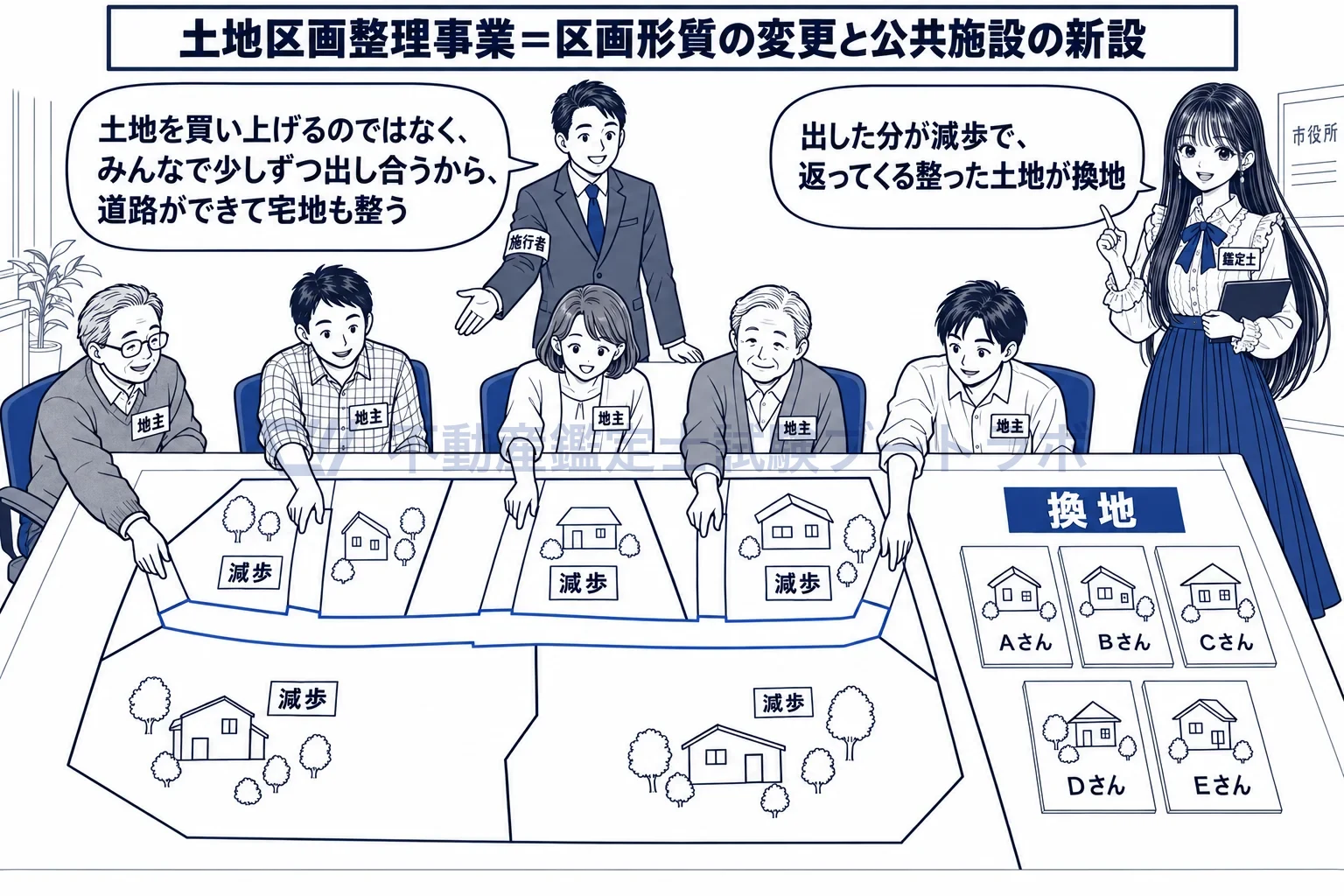 土地区画整理事業の図解：土地を買い上げるのではなく、地主が出し合って整った宅地を受け取る。