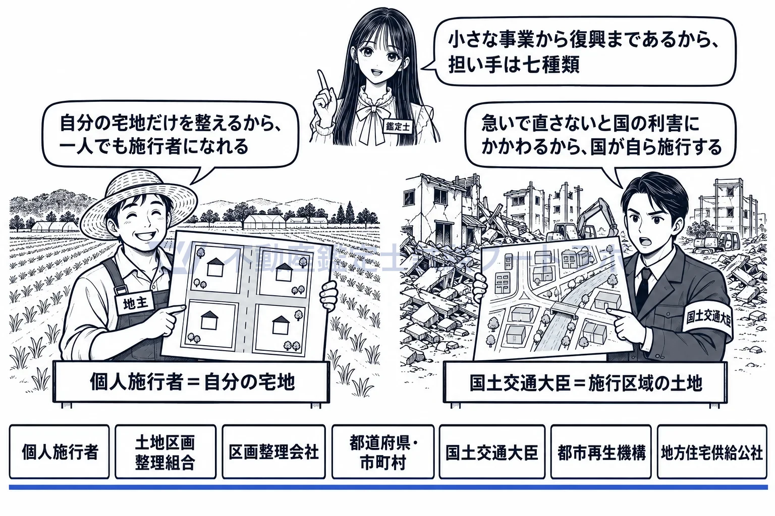 土地区画整理事業の図解：民間の三つと公的な四つで、施行者は七種類。