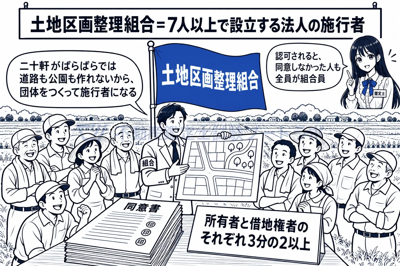 土地区画整理組合の図解:地主たちが団体をつくり、その団体が施行者になる。