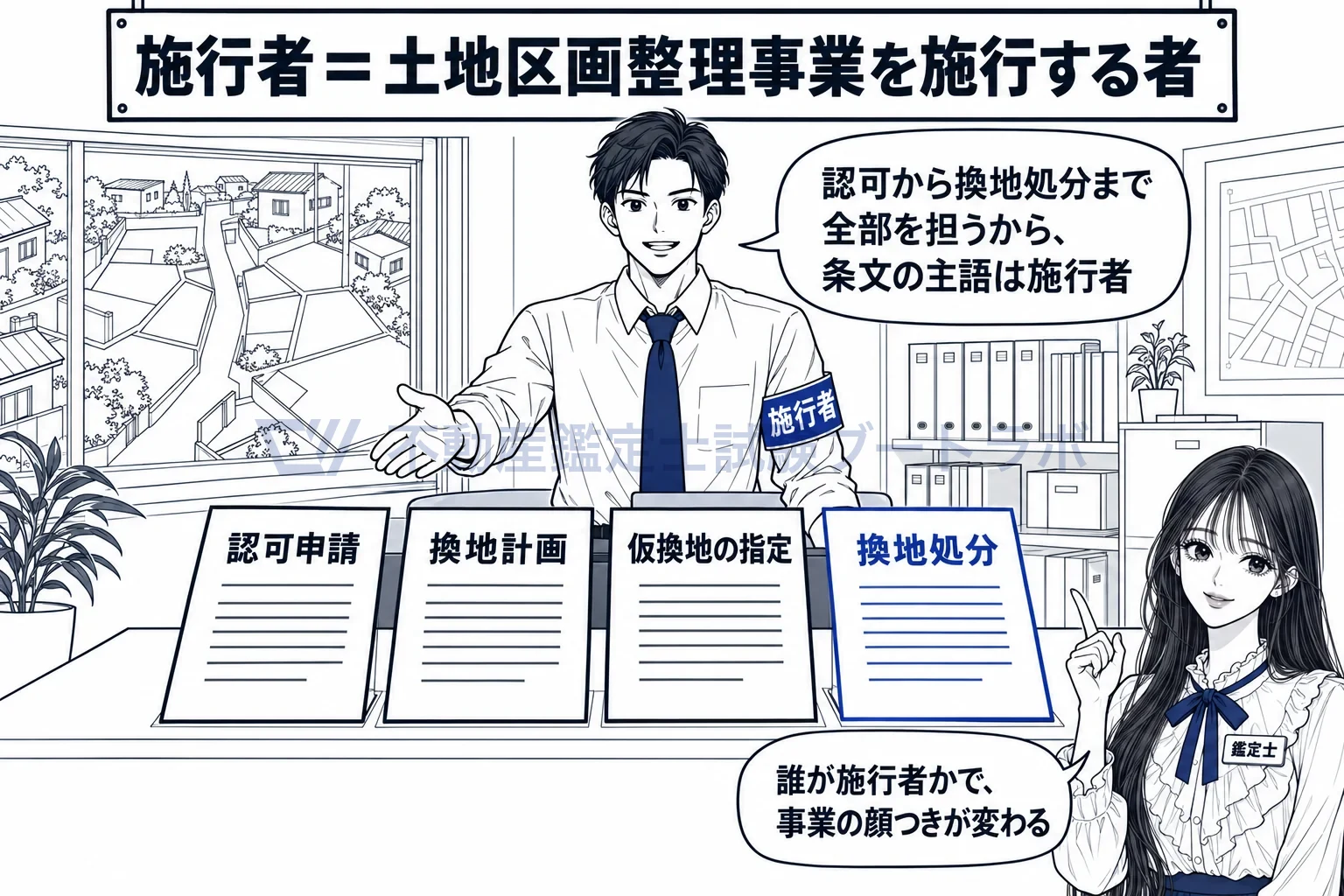 施行者の図解：認可から換地処分まで、事業の主語はいつも施行者。