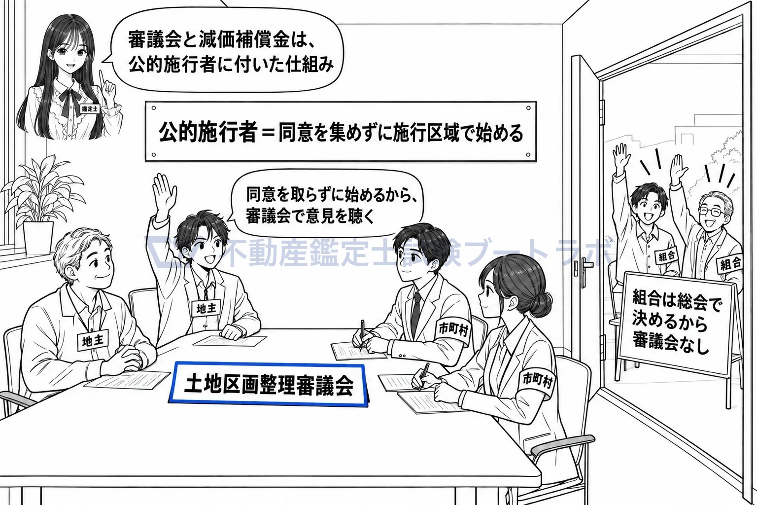 施行者の図解：同意を集めない公的施行者だから、審議会で地主の声を聴く。