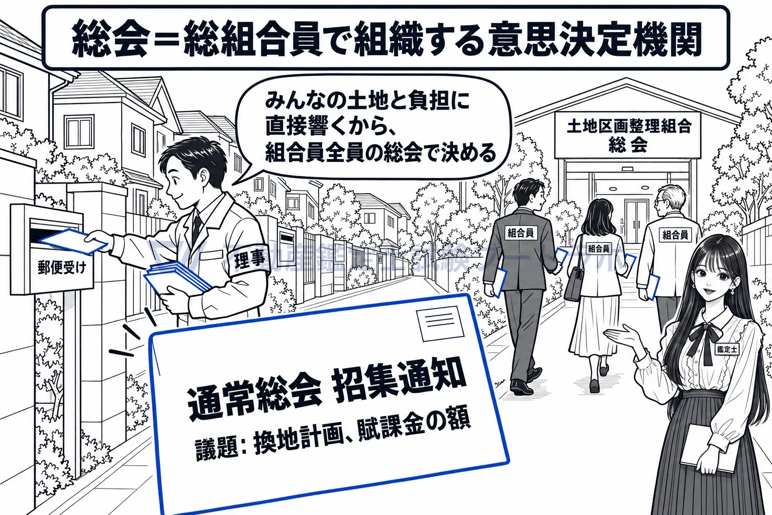 総会の図解：組合員全員に招集通知が届き、土地と負担に響くことは総会で決める。