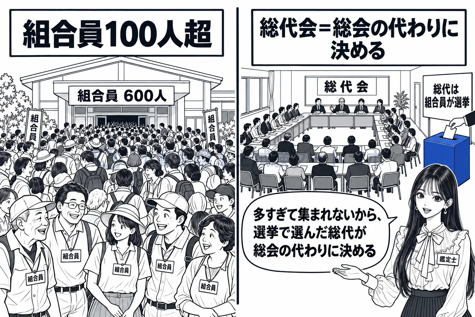 総会の図解：組合員が多すぎて集まれない組合は、選挙で選んだ総代が総会の代わりに決める。