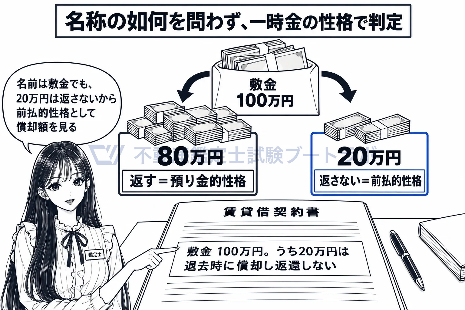 賃料の前払的性格を有する一時金の図解：同じ「敷金」でも、返さない部分は前払的性格。