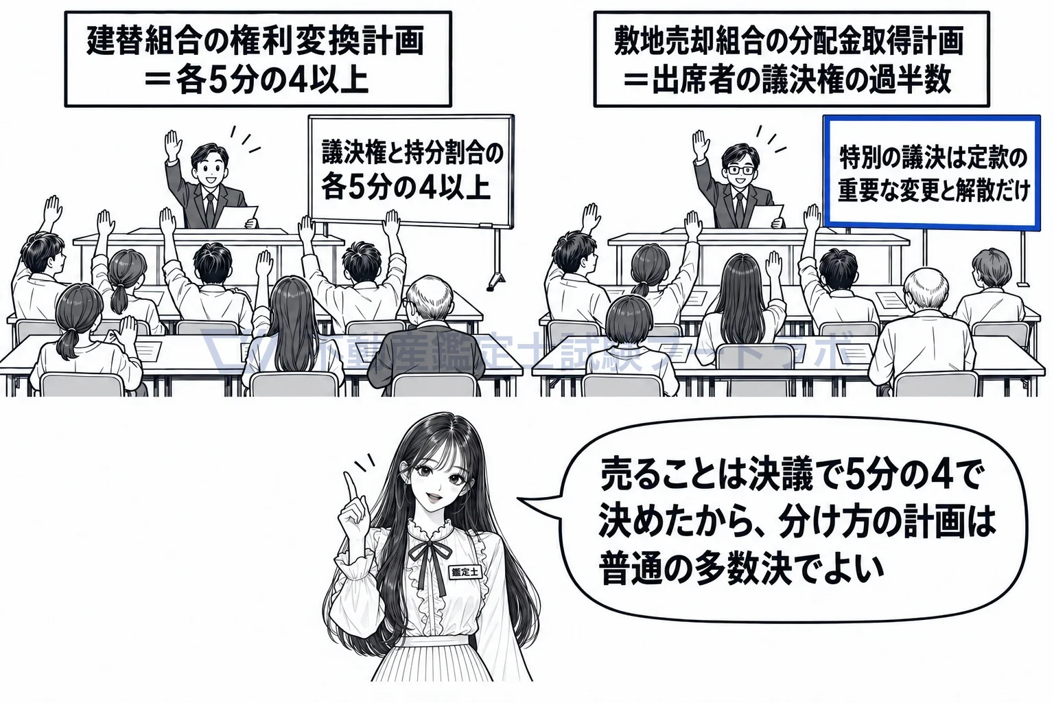 分配金取得計画の図解:権利変換計画は5分の4、分配金取得計画は普通の多数決。