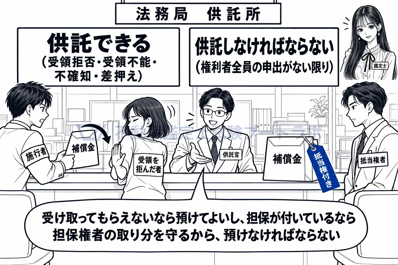 補償金の図解：受け取られないときは供託できる、担保付きなら供託しなければならない。
