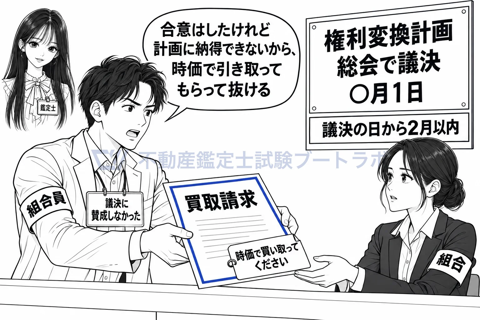買取請求の図解：計画に納得できない組合員が、時価での買取りを組合に求める。