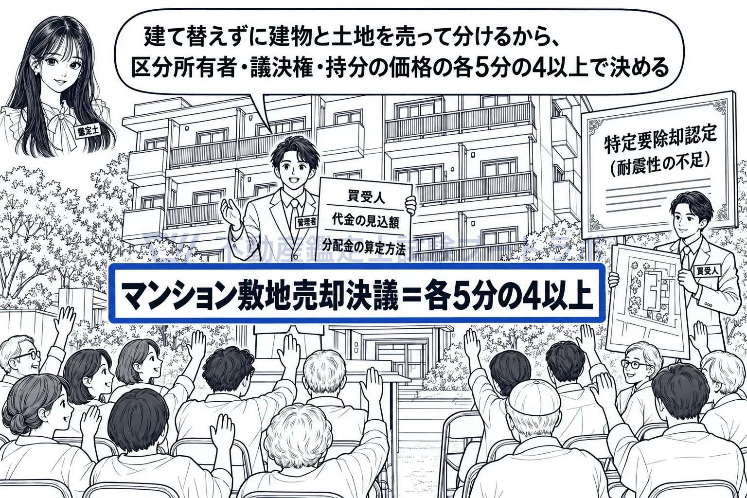 マンション敷地売却決議の図解：危ないと認定されたマンションを、建て替えずに売って分ける決議。