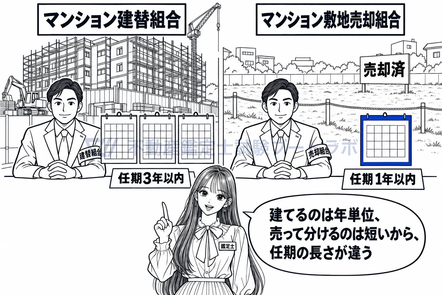 マンション敷地売却組合の図解:人数は同じ、任期だけ違う。建替えは3年、敷地売却は1年。