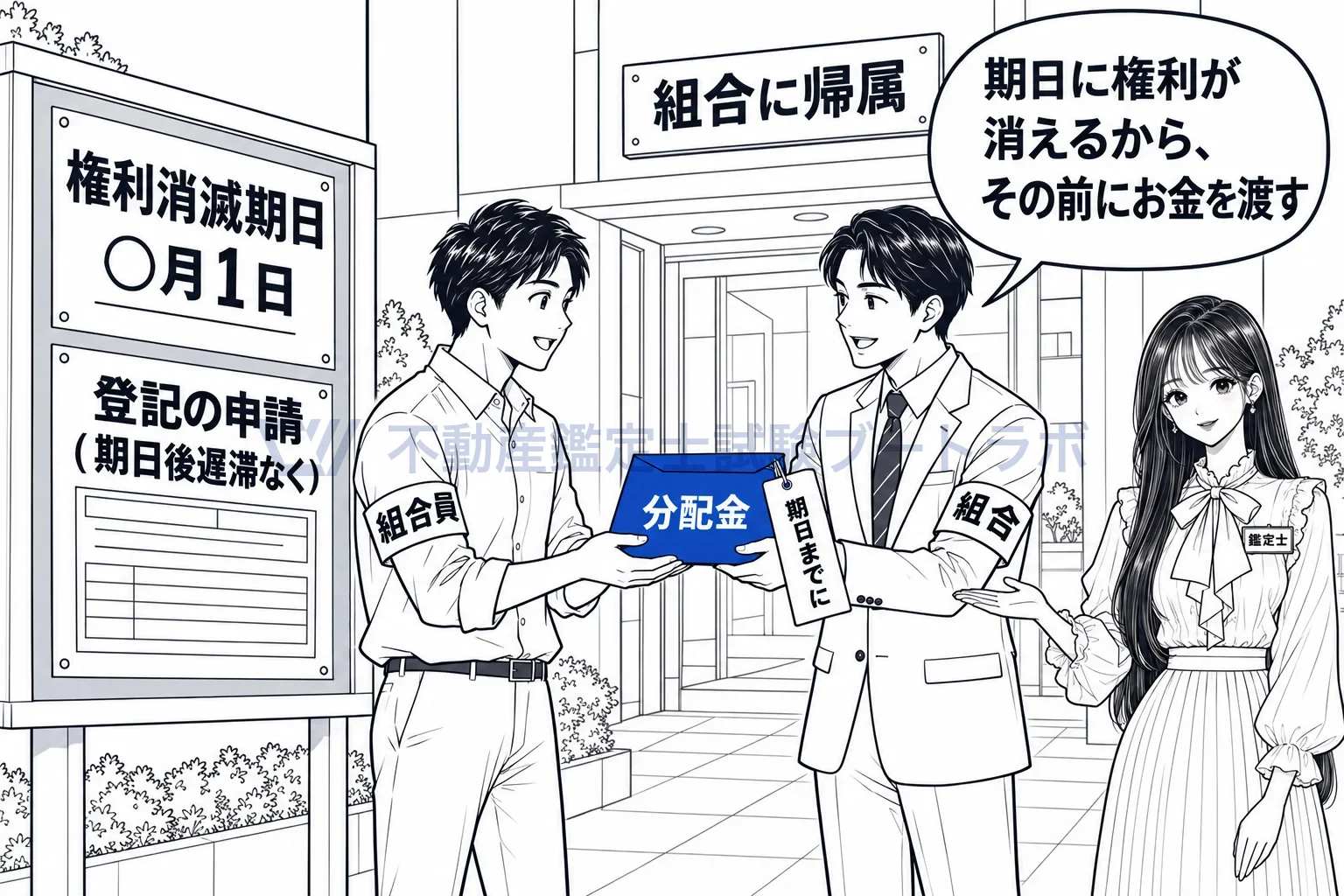 マンション敷地売却組合の図解:期日に組合へ帰属、期日までに分配金、期日後すぐ登記。