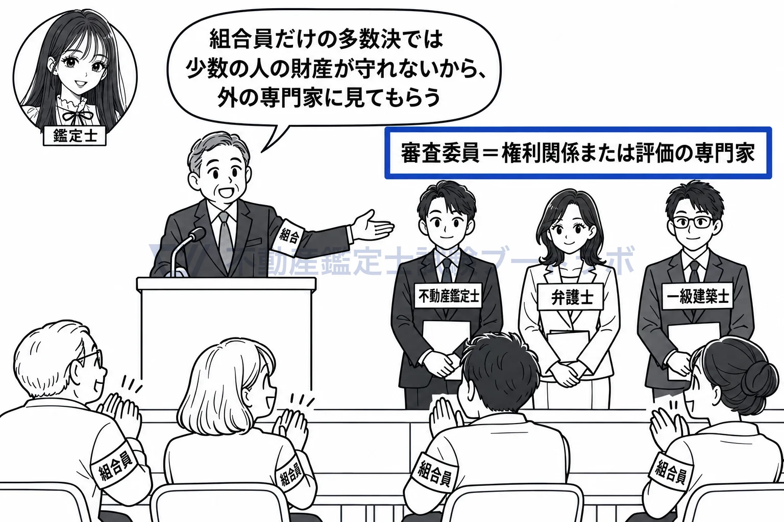審査委員の図解：組合員でない専門家を総会で選び、計画の公正さを見てもらう。