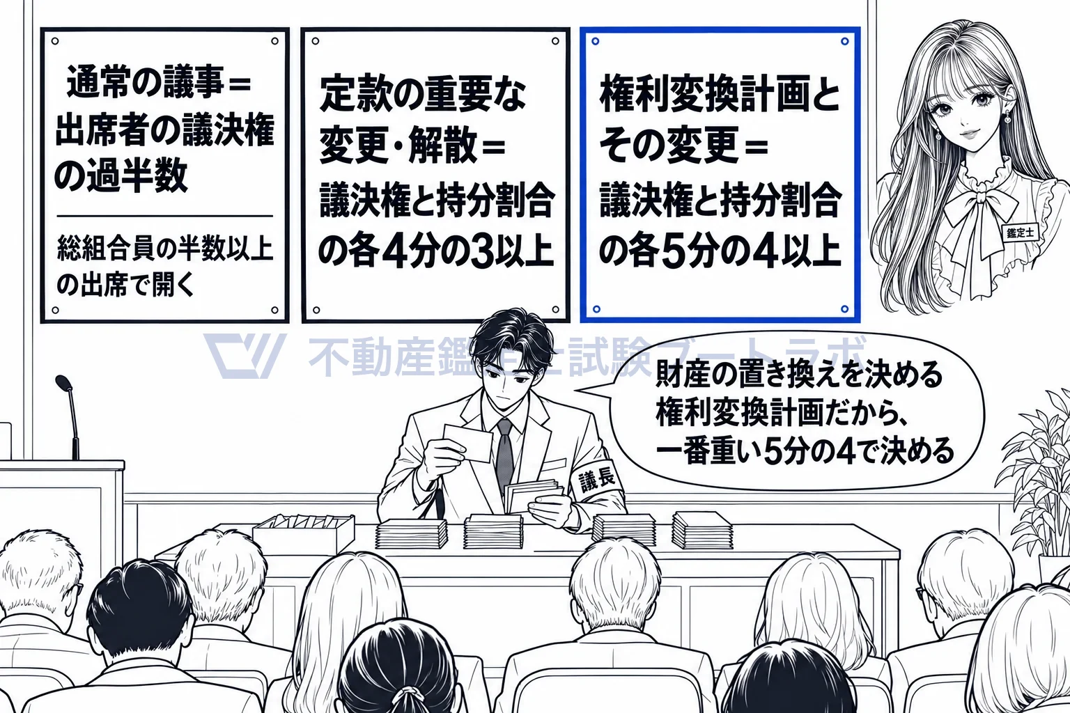 マンション建替組合の図解:過半数、4分の3、5分の4の三段。権利変換計画だけが5分の4。