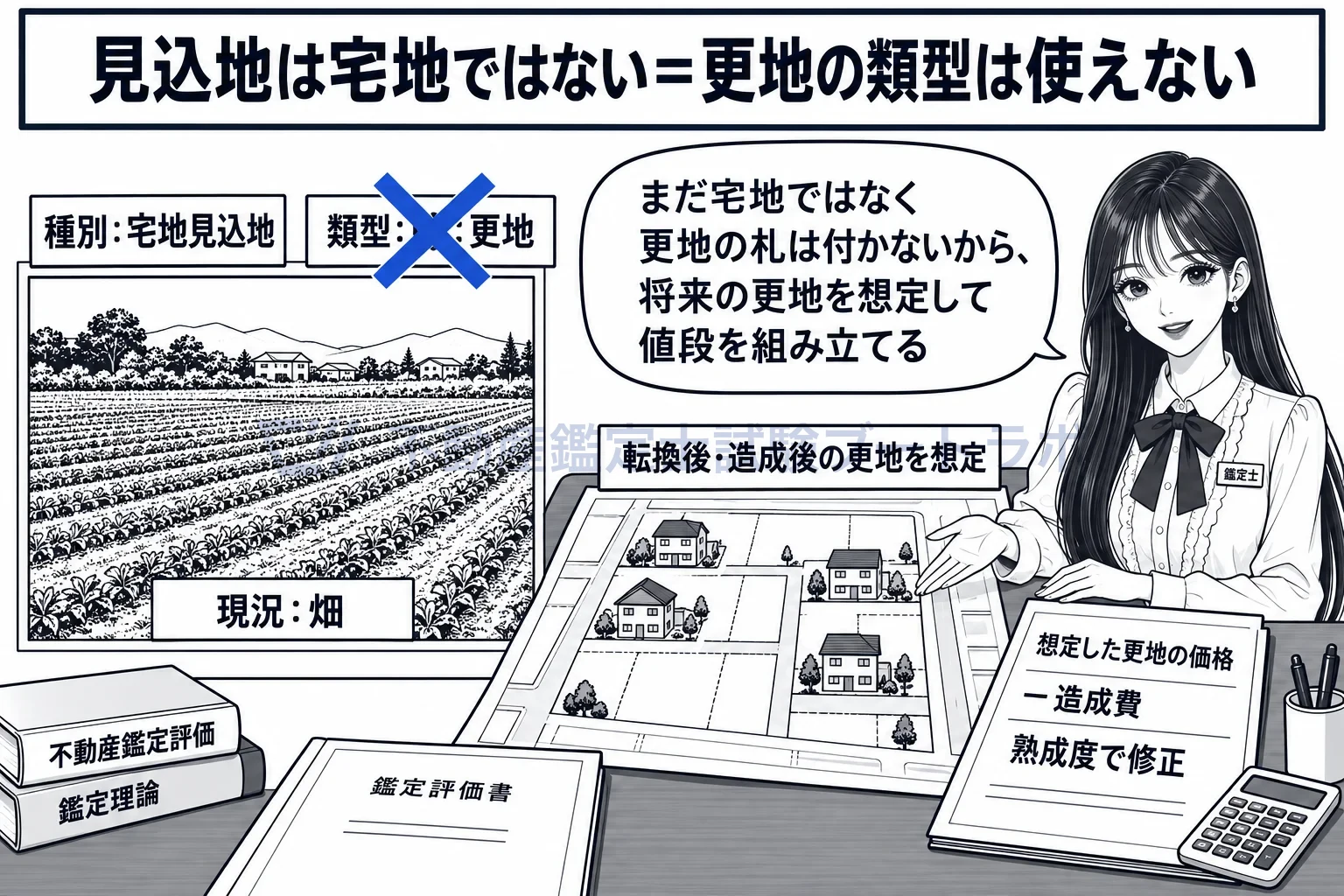 見込地の図解：今は畑だから更地ではない。将来の更地を想定して値段を組み立てる。
