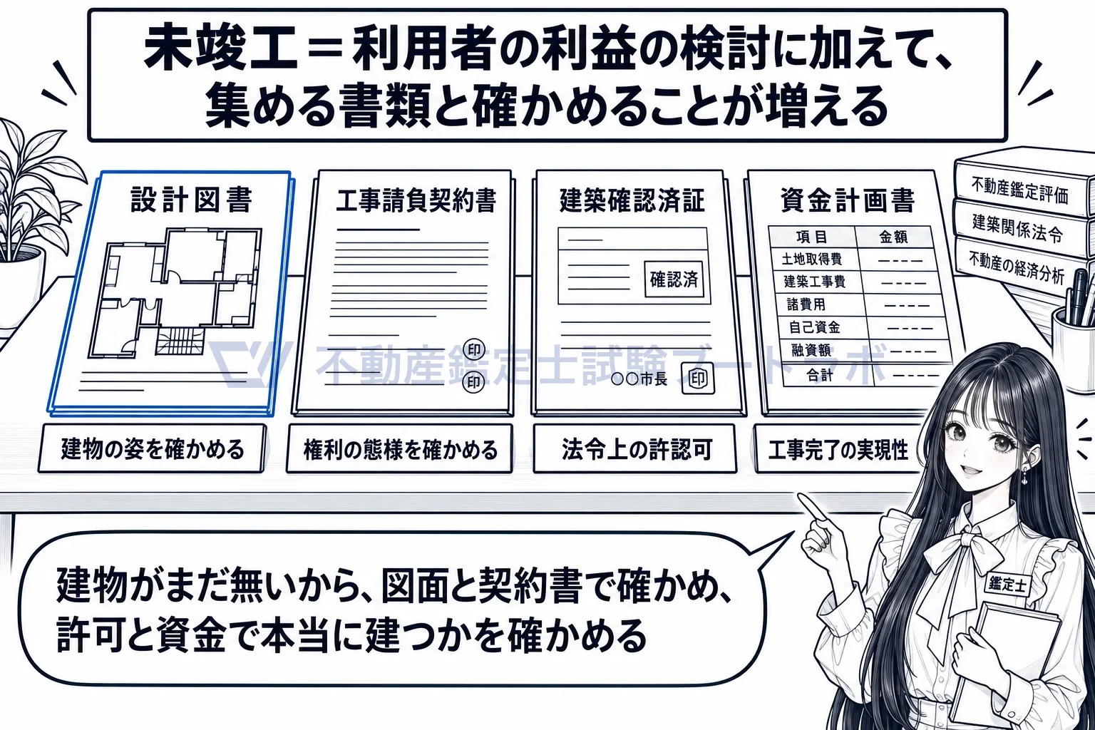 未竣工建物等鑑定評価の図解:図面と契約書で建物の姿と権利を確かめ、許可と資金で本当に建つかを確かめる。