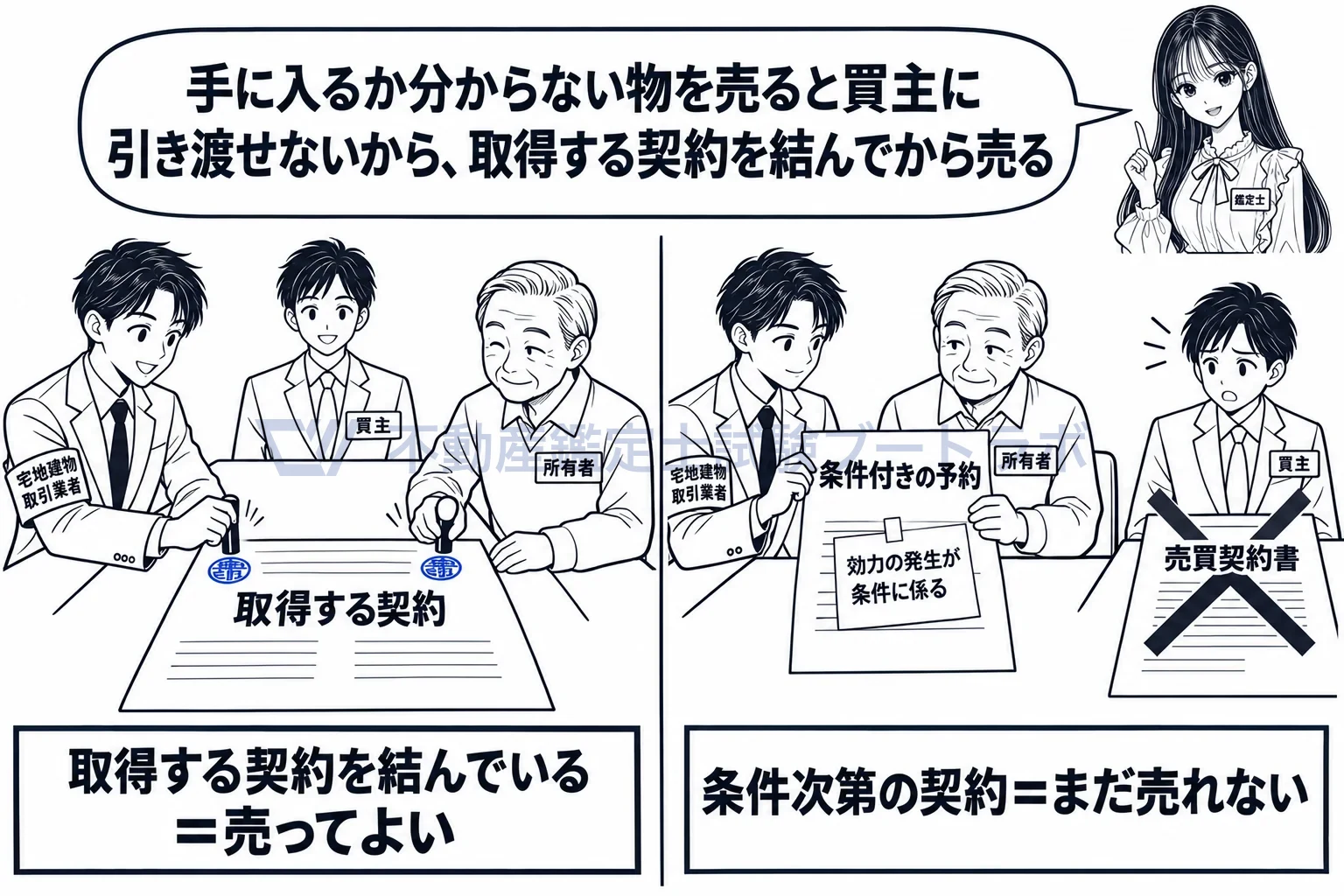 自ら売主の制限の図解：自分の物でない物件は、取得する契約を結んでから売る。