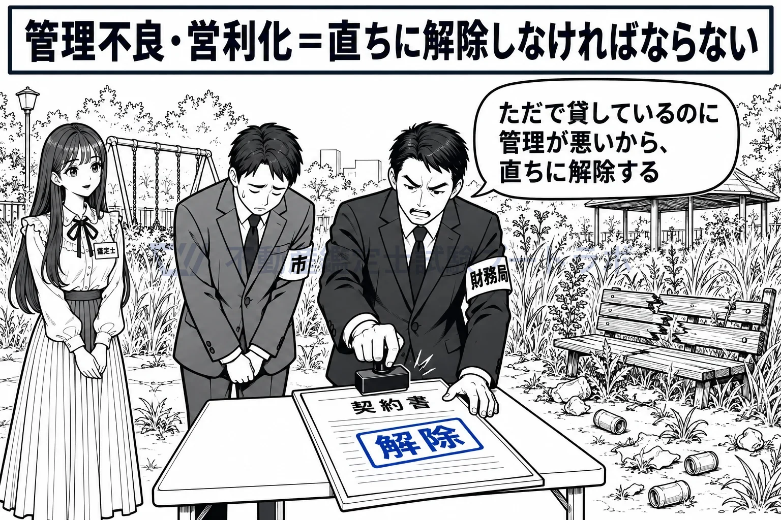 無償貸付の図解：ただで貸しているのに管理が悪いから、直ちに解除する。