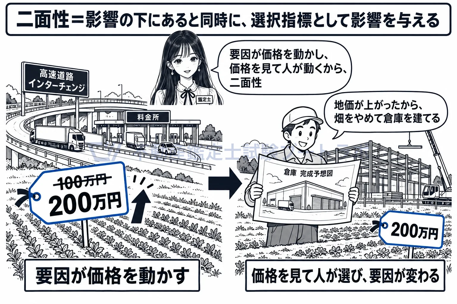 二面性の図解：高速道路の開通が価格を動かし、価格を見て人が動いて要因が変わる。