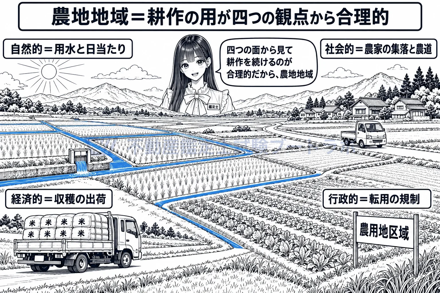 農地地域の図解：水と日当たり、農家の集落、出荷、転用の規制。四つの面から耕作が合理的なら農地地域。