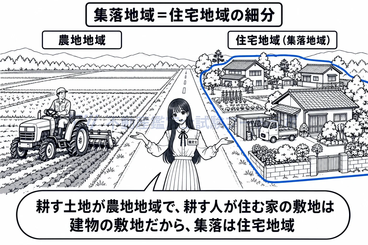 農地地域の図解：耕す土地は農地地域、耕す人が住む集落は住宅地域。