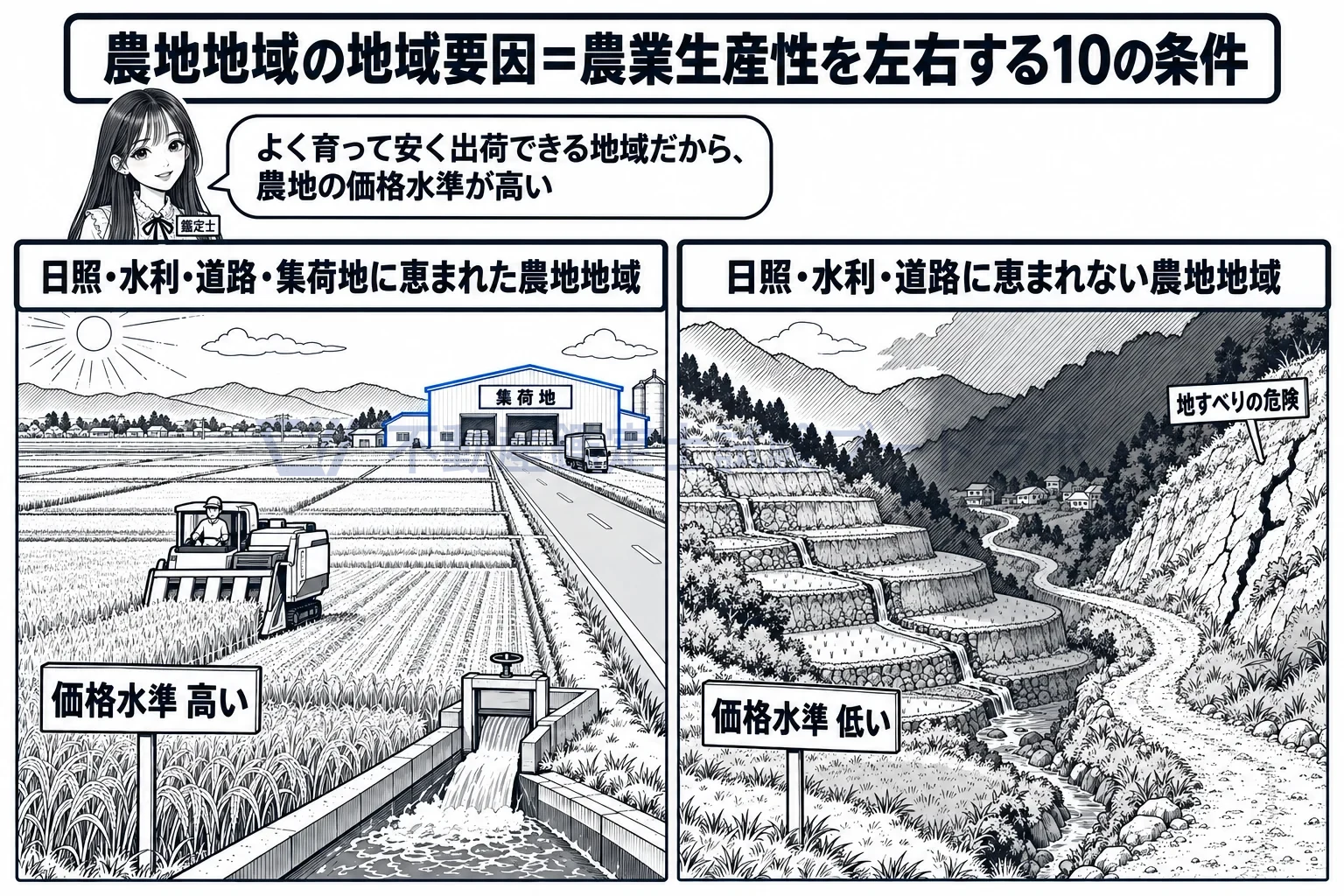 農地地域の地域要因の図解:日当たりと用水と集荷場までの道。よく育って安く出荷できる地域ほど、農地の価格水準が高い。