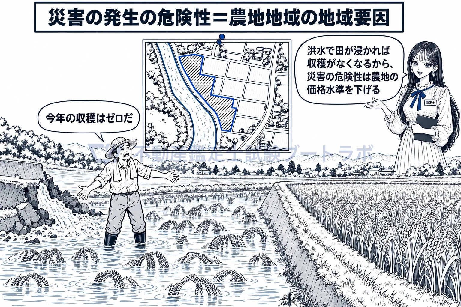 農地地域の地域要因の図解:洪水で田が浸かれば収穫はゼロ。災害の危険性は農業生産性に直結する。