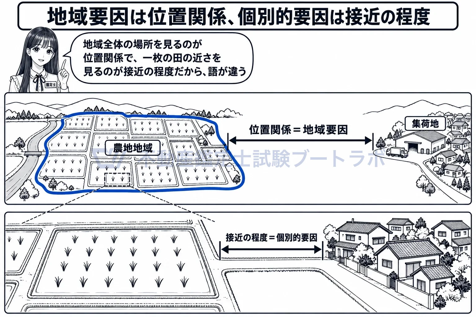 農地地域の地域要因の図解:地域全体が集荷場に近いかは位置関係、一枚の田が集落に近いかは接近の程度。