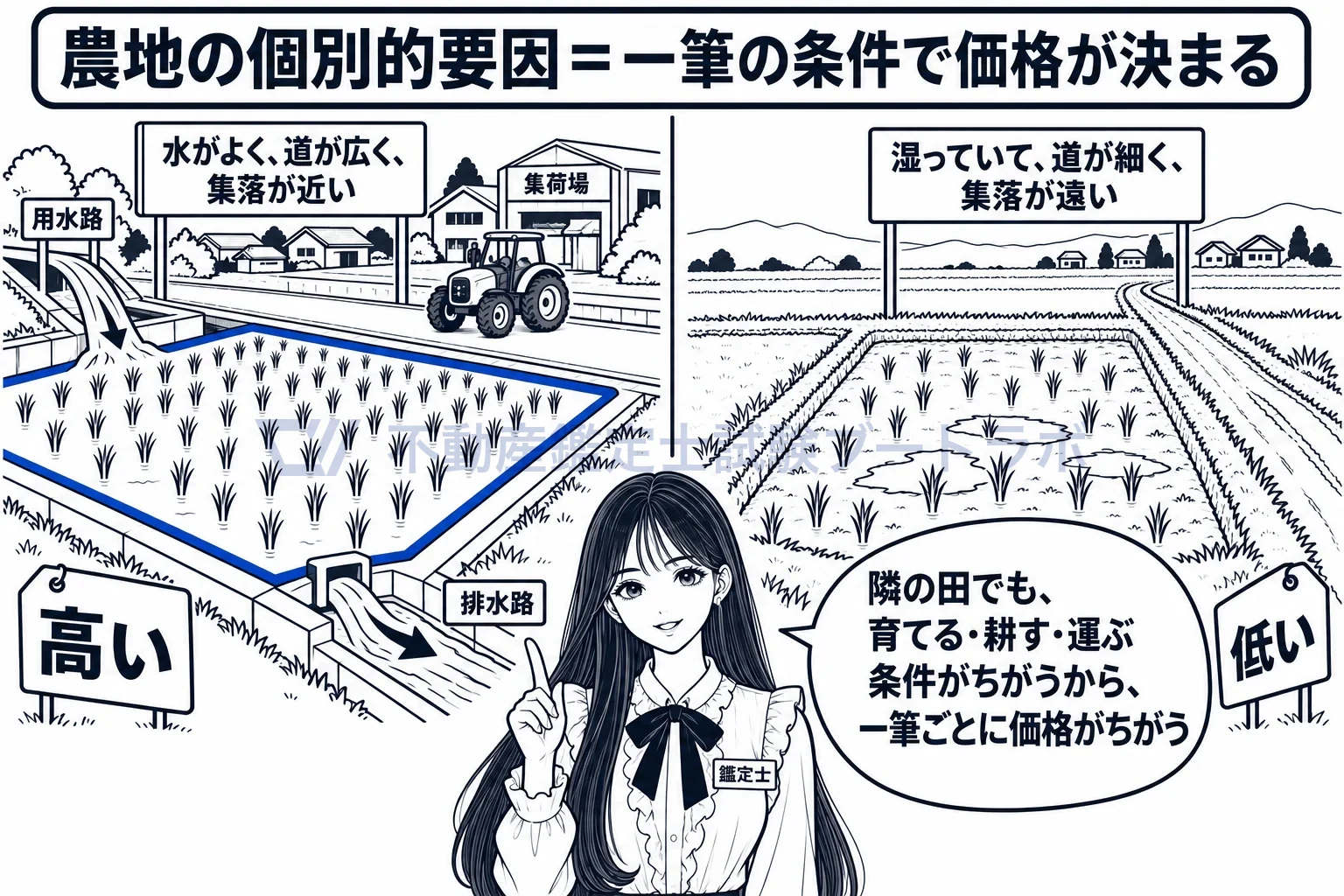 農地の個別的要因の図解:隣り合う田でも、水と道と集落までの近さで一筆ごとに価格がちがう。