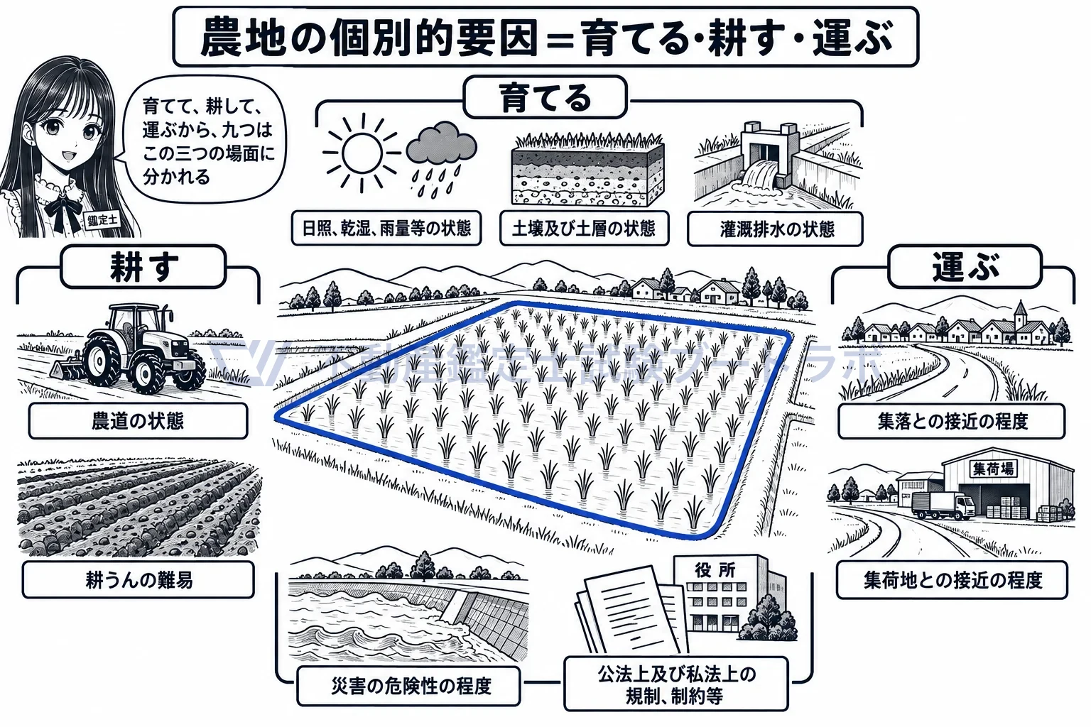 農地の個別的要因の図解:育てる三つ、耕す二つ、運ぶ二つに、災害と規制を加えて九つ。