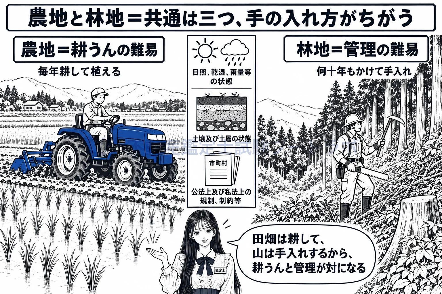 農地の個別的要因の図解:田畑は毎年耕すから耕うんの難易、山は何十年も手入れするから管理の難易。