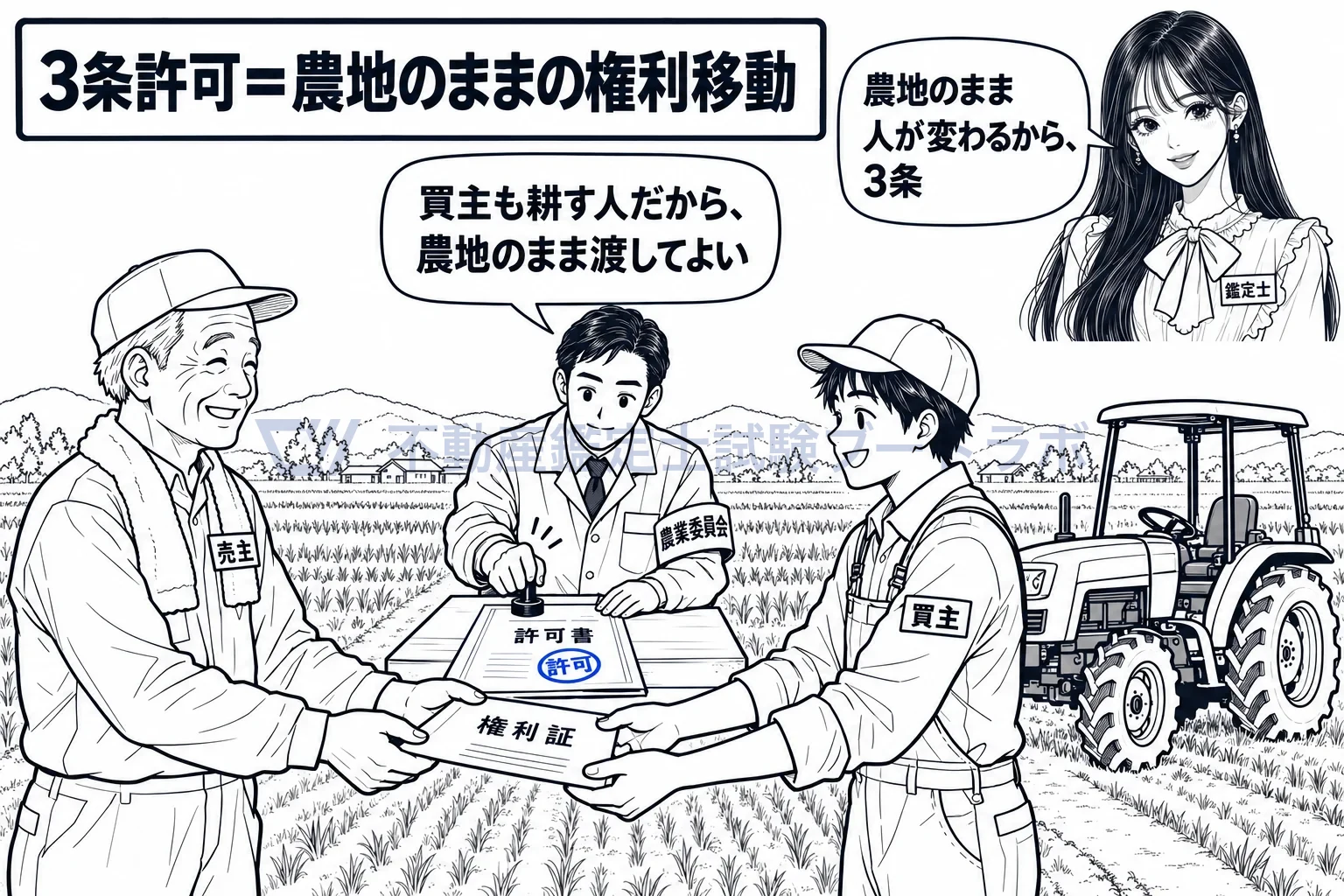 3条許可の図解：農地のまま人に渡すから、耕す人かどうかを農業委員会が見る。