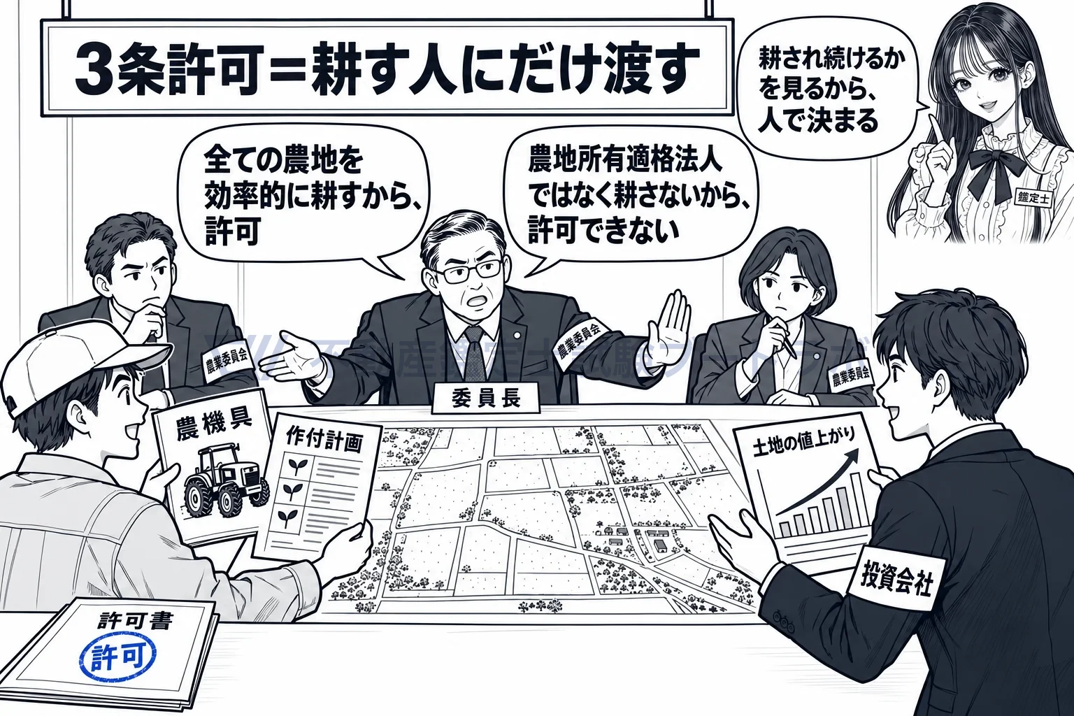 3条許可の図解：耕し続ける人には許可、耕さない会社には不許可。