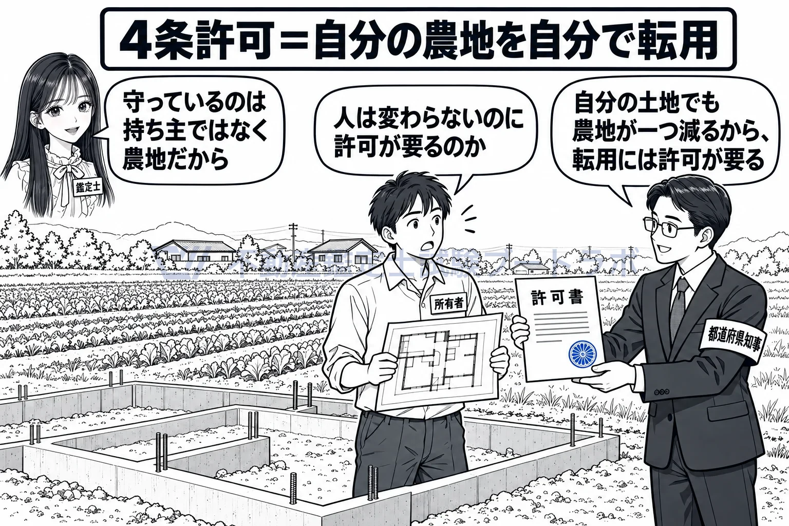 4条許可の図解：自分の畑に自分の家を建てるのも転用だから、知事等の許可。