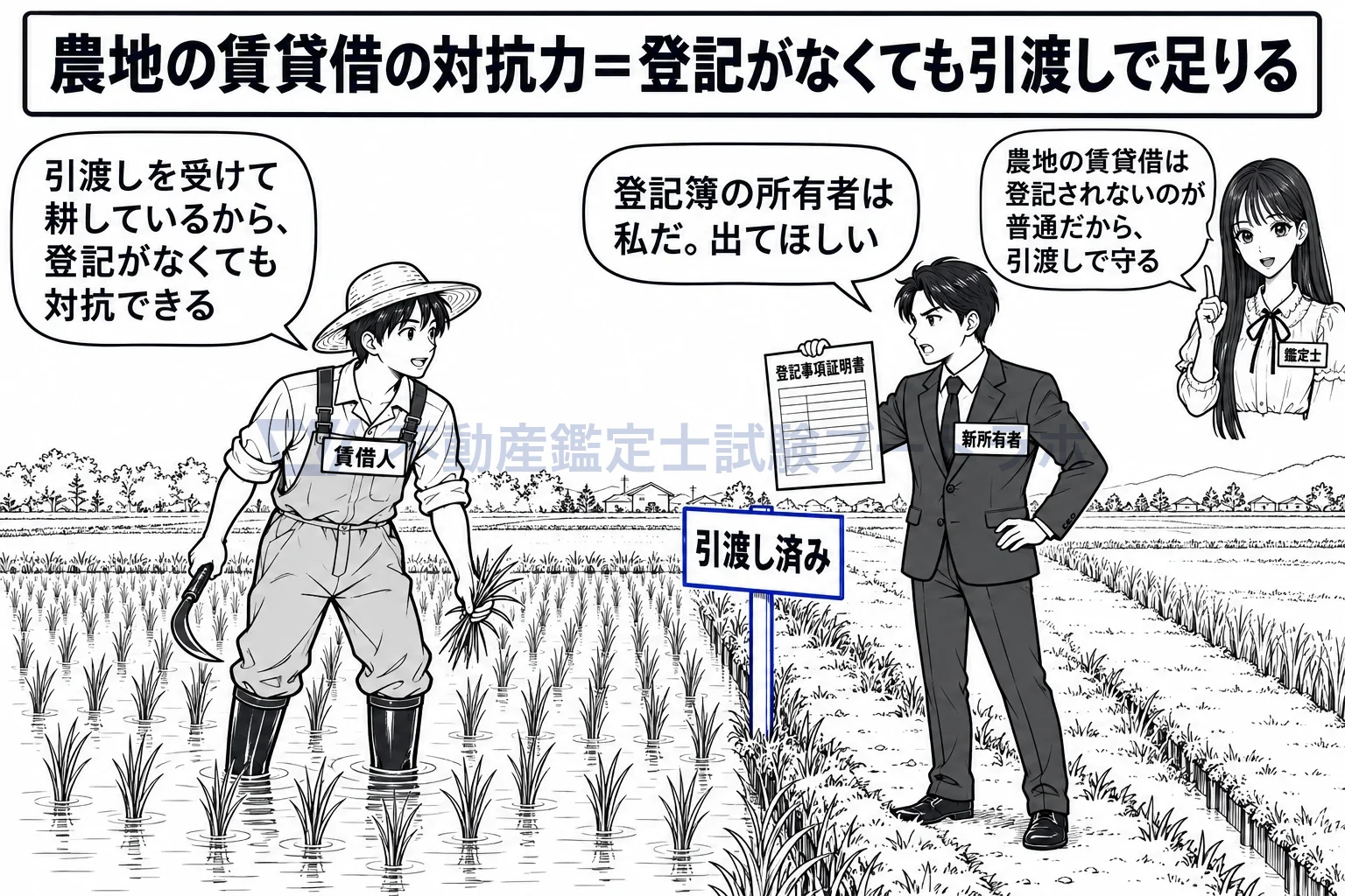 農地の賃貸借の対抗力の図解:引渡しを受けて耕していれば、登記がなくても新しい地主に対抗できる。