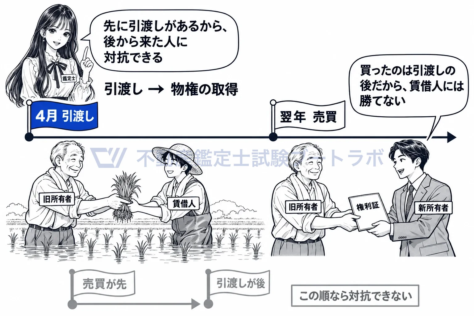 農地の賃貸借の対抗力の図解:引渡しが先、売買が後。この順番なら新所有者に対抗できる。