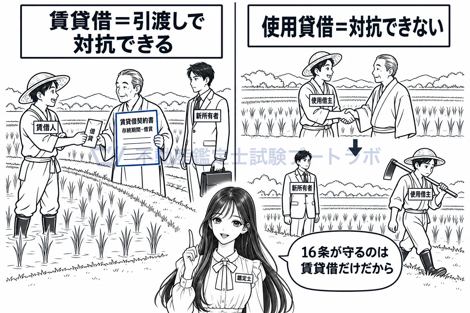 農地の賃貸借の対抗力の図解:借賃を払う賃貸借は守られ、ただで借りる使用貸借は守られない。