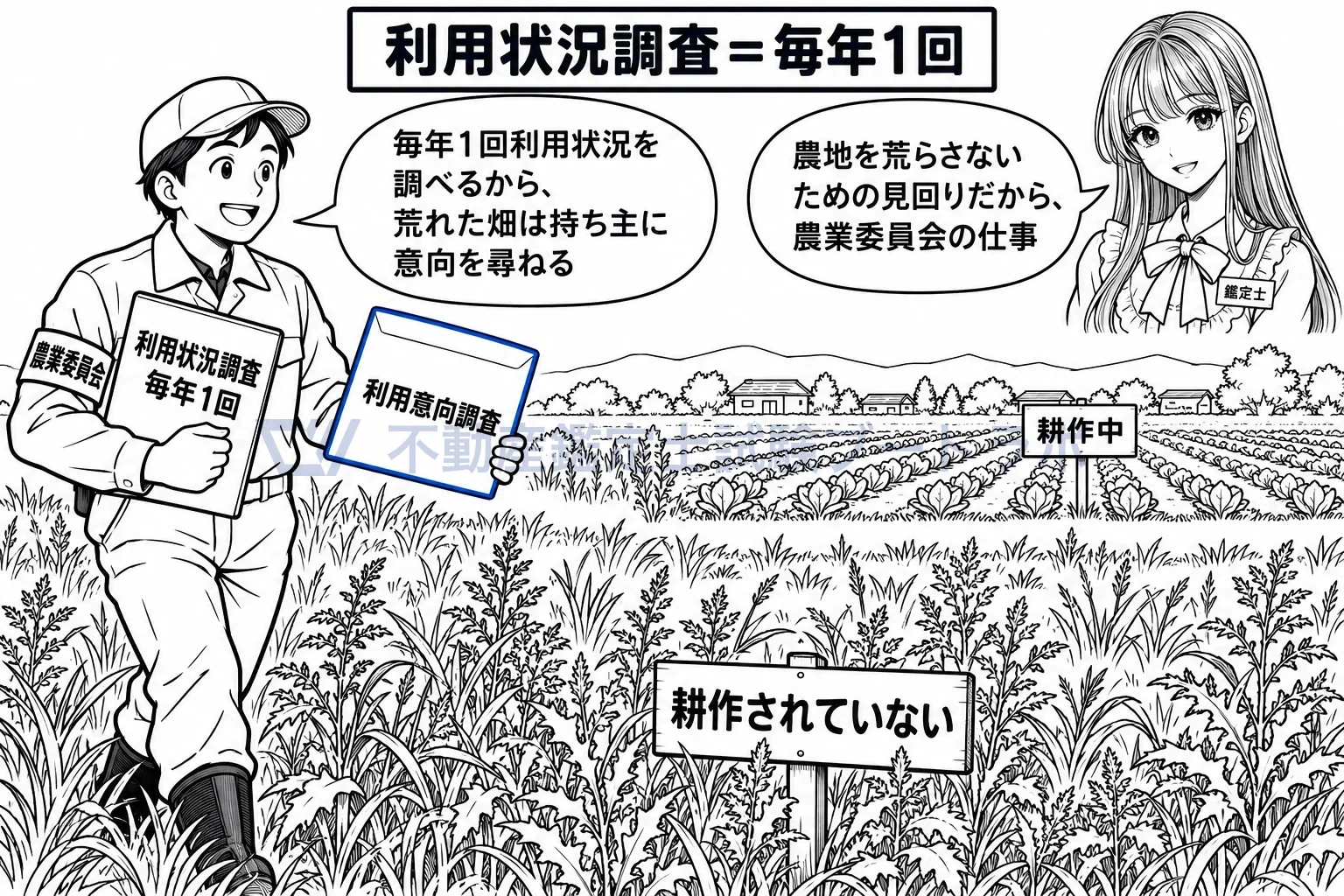 農業委員会の図解：毎年畑を見て回り、荒れた畑の持ち主にどうするか尋ねる。