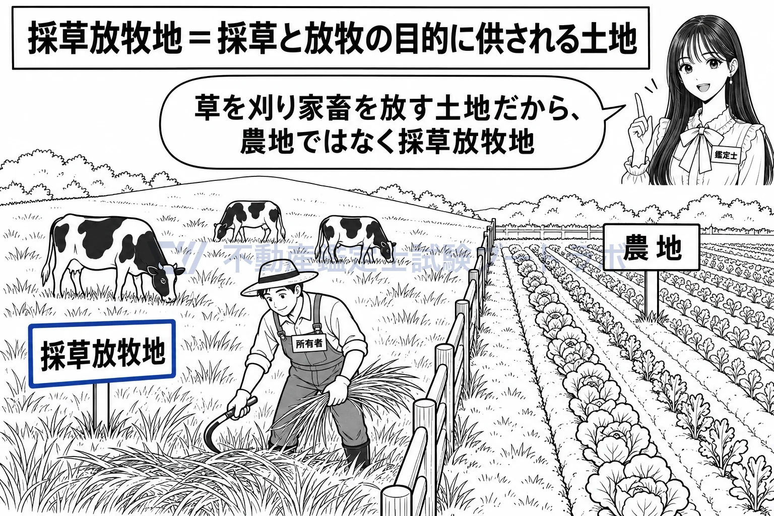 採草放牧地の図解：牛を放し、えさの草を刈る土地が採草放牧地。畑は農地。