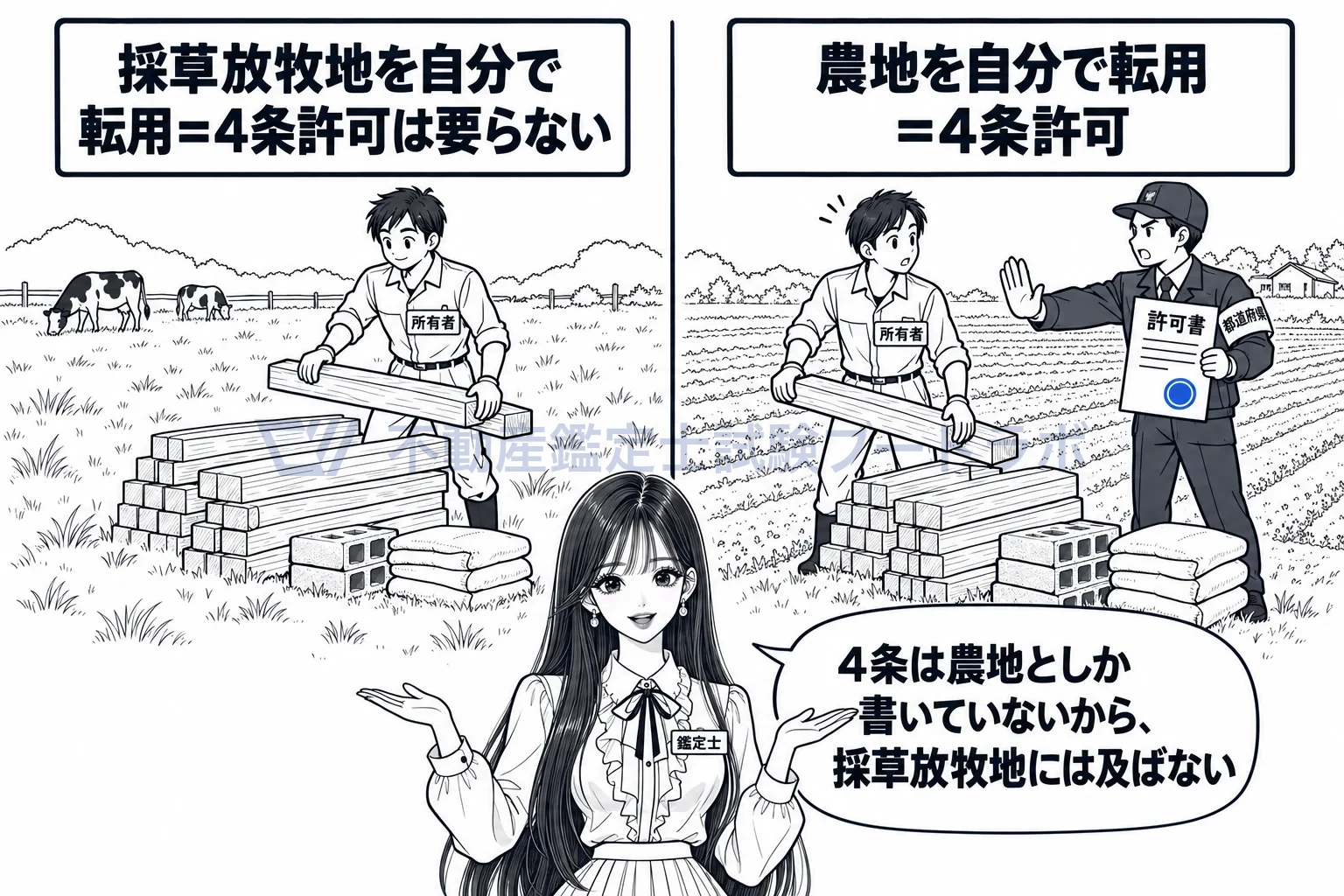 採草放牧地の図解：自分の草地を資材置場にしても4条は要らないが、畑なら要る。