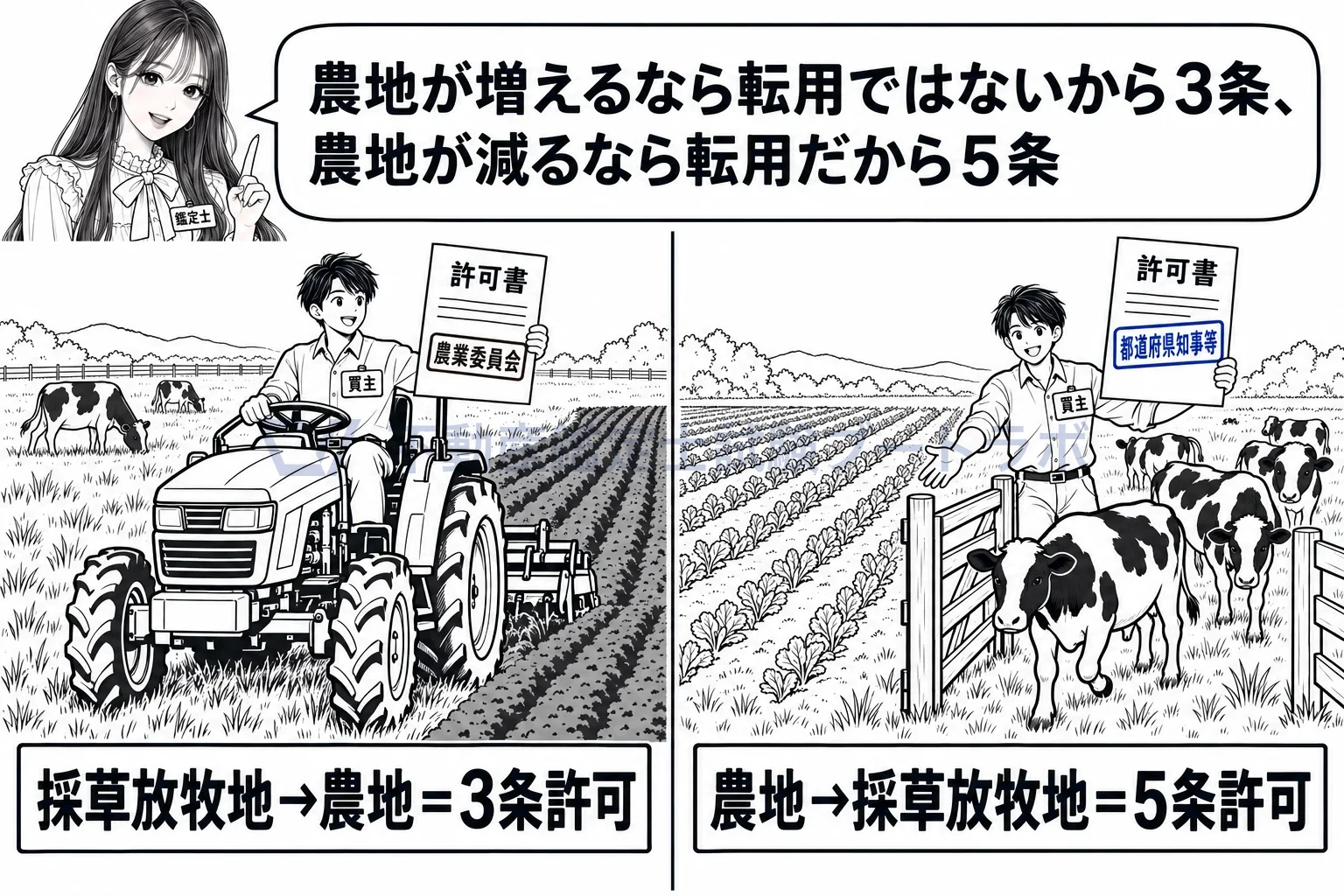 採草放牧地の図解：草地を畑にするために買うなら農業委員会、畑を草地にするなら知事等。